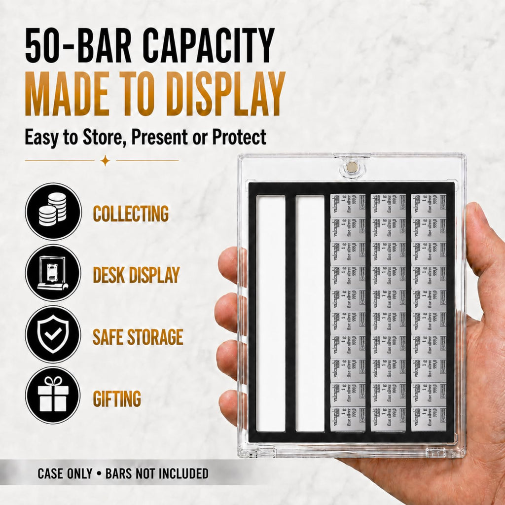 XplrsAttic 50 Slot Bullion Bar Display Case, 1 Gram Gold Silver Valcambi Style CombiBar Holder, 5 Storage Channels, Clear Magnetic Case, Bars Not Included