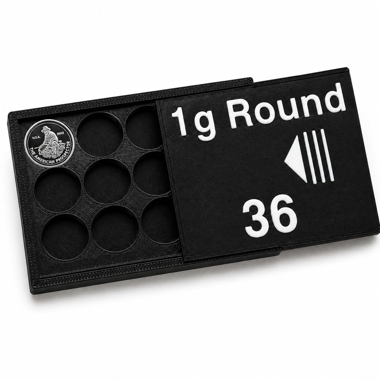 Bullion Storage Case for 1g Rounds - Holds 36 Gold Silver Platinum Rounds - 15 mm Precision Holder with Sliding Cover - Compact Organizer (1 Silver Round Included)