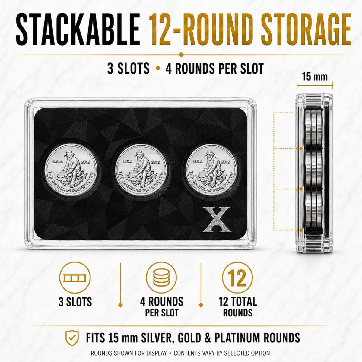 XplrsAttic 3 Slot Round Display Case, Fits 15mm 1 Gram Gold & Silver Rounds, Holds Up to 12 Stacked (4 Per Slot), Slim Stackable Coin Display Case