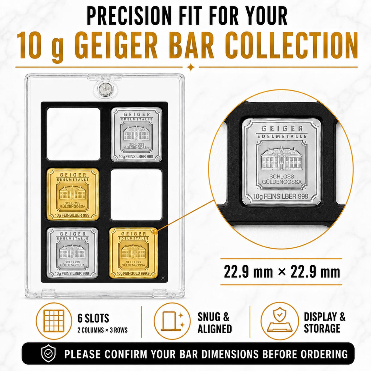 XplrsAttic Geiger Style Square Bar Display Case, Magnetic One Touch Bullion Holder for Gold & Silver Bars, Coin Showcase