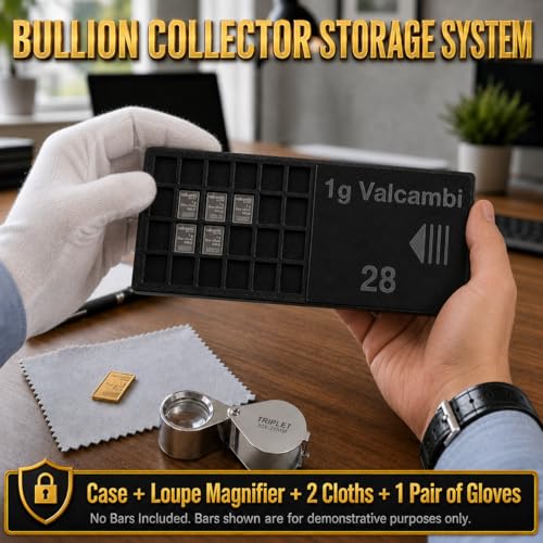 Bullion Collector Storage System – 28-Slot CombiBar Storage Wallet for 1g Gold, Silver, Platinum Bars with 30x Loupe Magnifier, White Cotton Gloves & Microfiber Cleaning Cloth, Case Only
