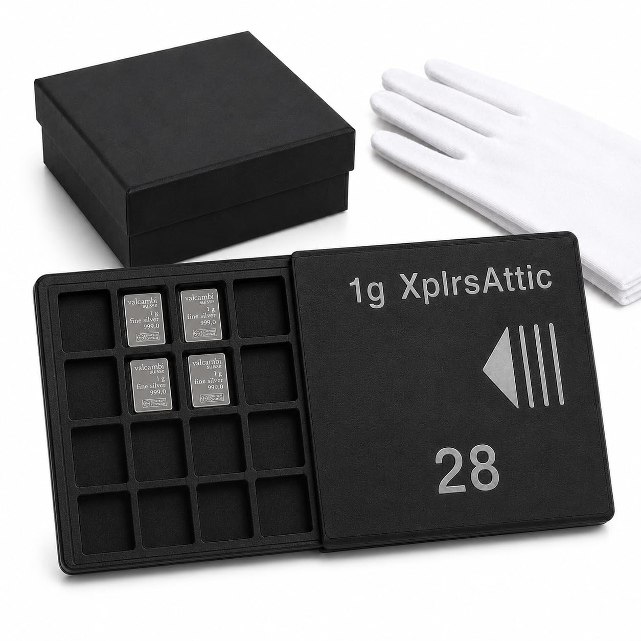 1g Bullion Bar Storage Wallet Gift Set with Cotton Gloves – 28 Slot Case for Valcambi-Style CombiBar Bars, Fractional Gold Silver Platinum Organizer, Black Gift Box, Case Only