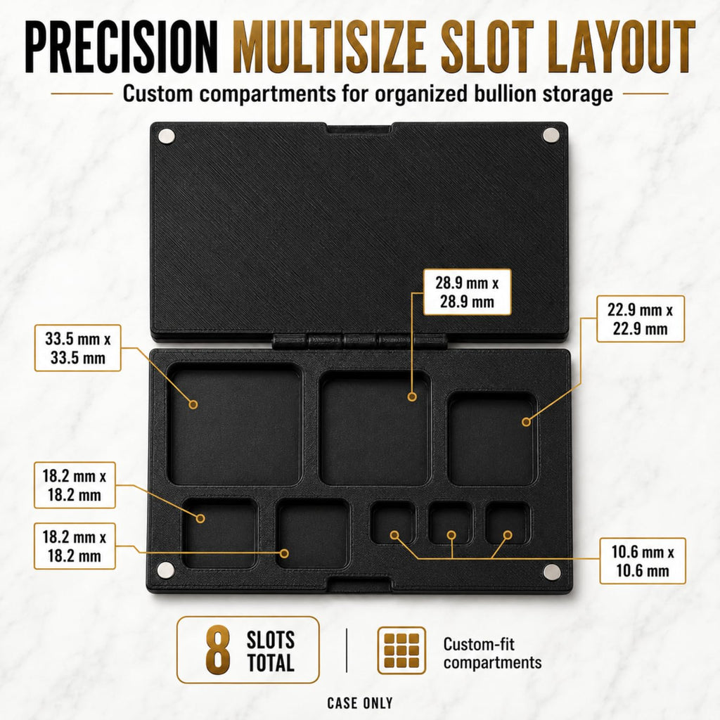 XplrsAttic Multi Size Bullion Bar Storage Case - 8 Slot Geiger Style Bar Organizer for 1oz, 20g, 10g, 5g & 1g Gold & Silver Bars, Hinged Case with Magnetic Closure, Case Only