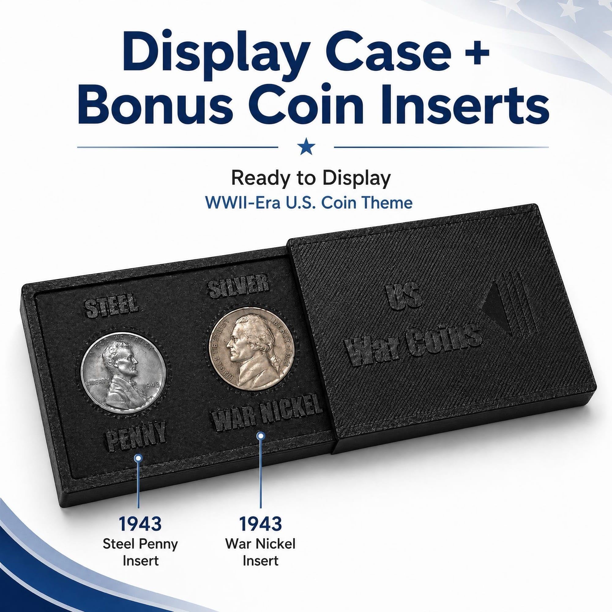 WWII War Coins Display Case with Authentic Steel Penny & Silver War Nickel – US Historical Coin Holder, 2 Slot Collector Display, Educational WWII Memorabilia Gift