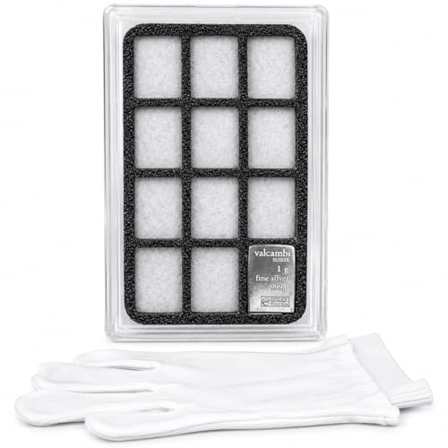 Display Case for 1 Gram Valcambi-Style CombiBars Gold Silver Platinum Bars with Cotton Handling Gloves – 12-Slot Collector Holder for Desk, Office, Gift Display (Includes 1 Bar)