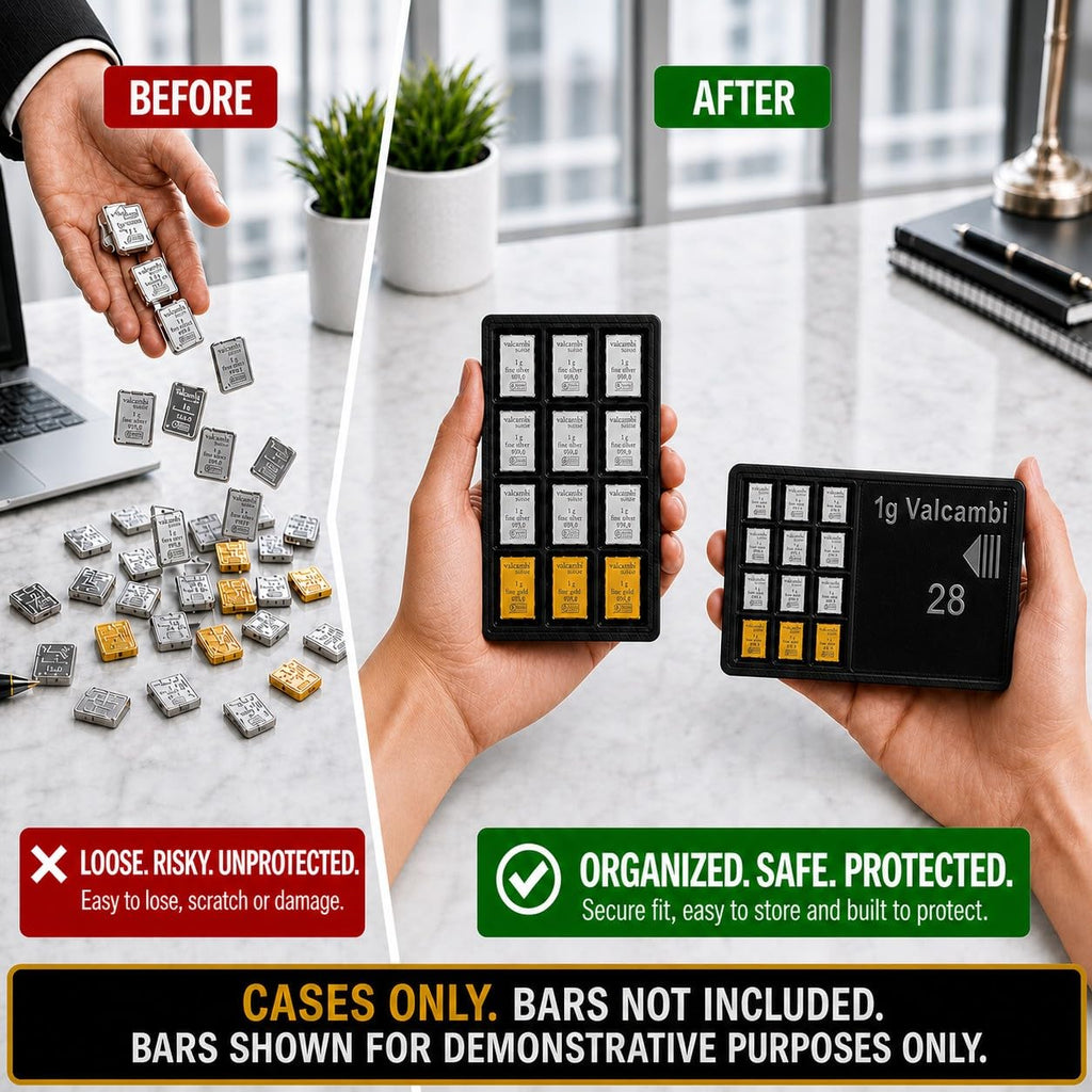 1g Bullion Bar Storage Case Bundle – 28 Slot Sliding Wallet + 12 Slot Display Case for Valcambi Style CombiBars, Silver Gold Platinum Bar Organizer, Desk Safe Pocket Storage (Cases Only)