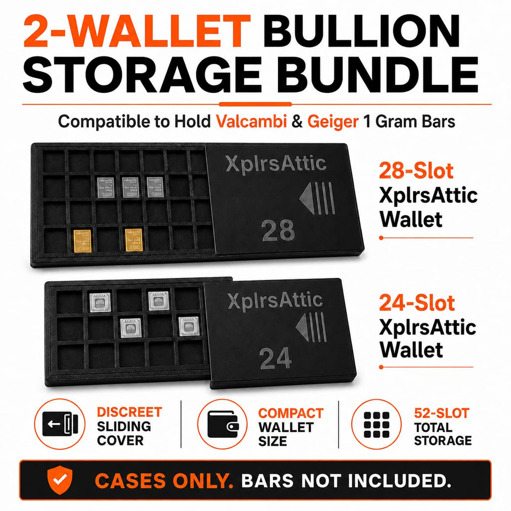 1 Gram Bullion Bar Storage Wallet Bundle, 28-Slot Valcambi-Style 1g Bar Holder & 24-Slot Geiger-Style Square Bar Case, Fractional Gold Silver Platinum Organizer, 2-Pack, Cases Only