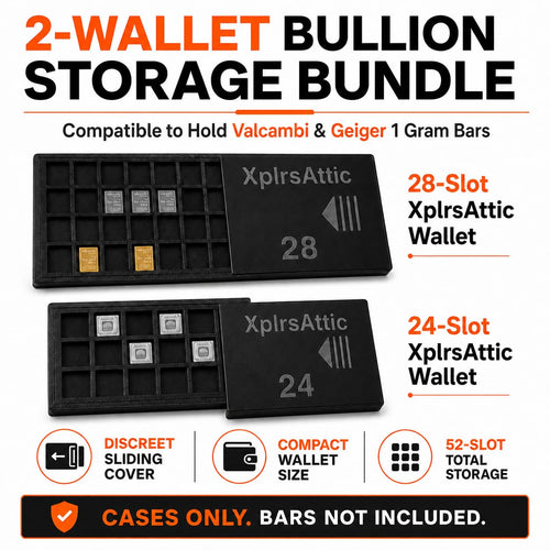 1 Gram Bullion Bar Storage Wallet Bundle, 28-Slot Valcambi-Style 1g Bar Holder & 24-Slot Geiger-Style Square Bar Case, Fractional Gold Silver Platinum Organizer, 2-Pack, Cases Only