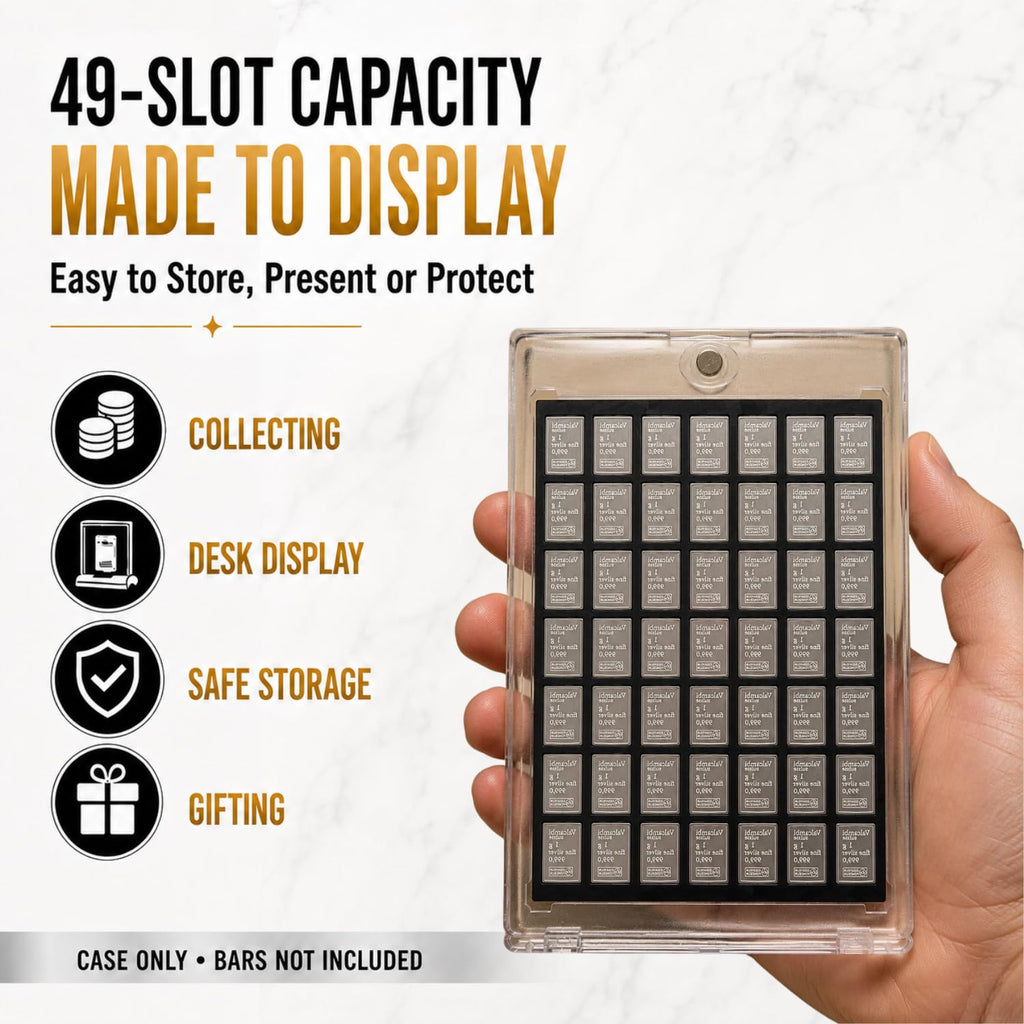 XplrsAttic 1 Gram Silver Bar Display Case, 49 Slot Bullion Holder for Valcambi Style CombiBars, Fractional Gold Silver Platinum Stacker Organizer for Desk, Safe & Collector Storage, Case Only