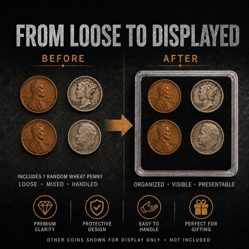 XplrsAttic 4 Slot Coin Display Case for Pennies & Dimes, Includes Lincoln Wheat Penny, Compact 2x2 Tabletop Holder, Beginner Coin Collecting Starter Kit
