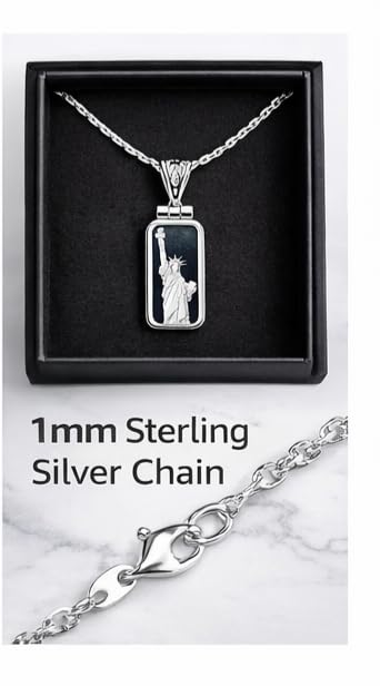 Solid .999 Fine Silver Statue of Liberty Necklace Real Silver Bar Pendant, 20" Sterling Chain, Minimalist USA Jewelry Gift for Women & Men