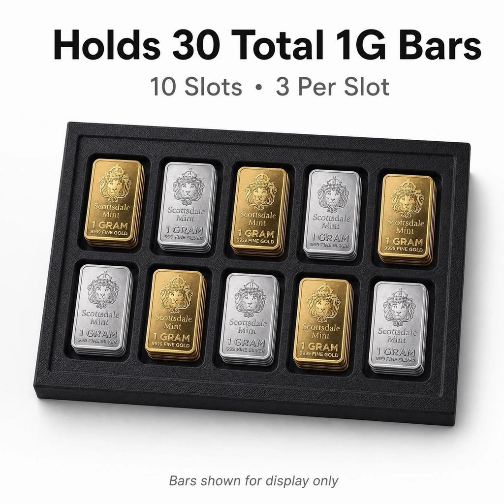 1 Gram Bar Storage Case with Slide Cover, 10-Slot 3D Printed Holder Tray, Holds up to 30 Scottsdale-Style Mini Bars, Compact Black Display Organizer, Case Only