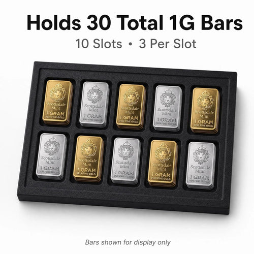 1 Gram Bar Storage Case with Slide Cover, 10-Slot 3D Printed Holder Tray, Holds up to 30 Scottsdale-Style Mini Bars, Compact Black Display Organizer, Case Only