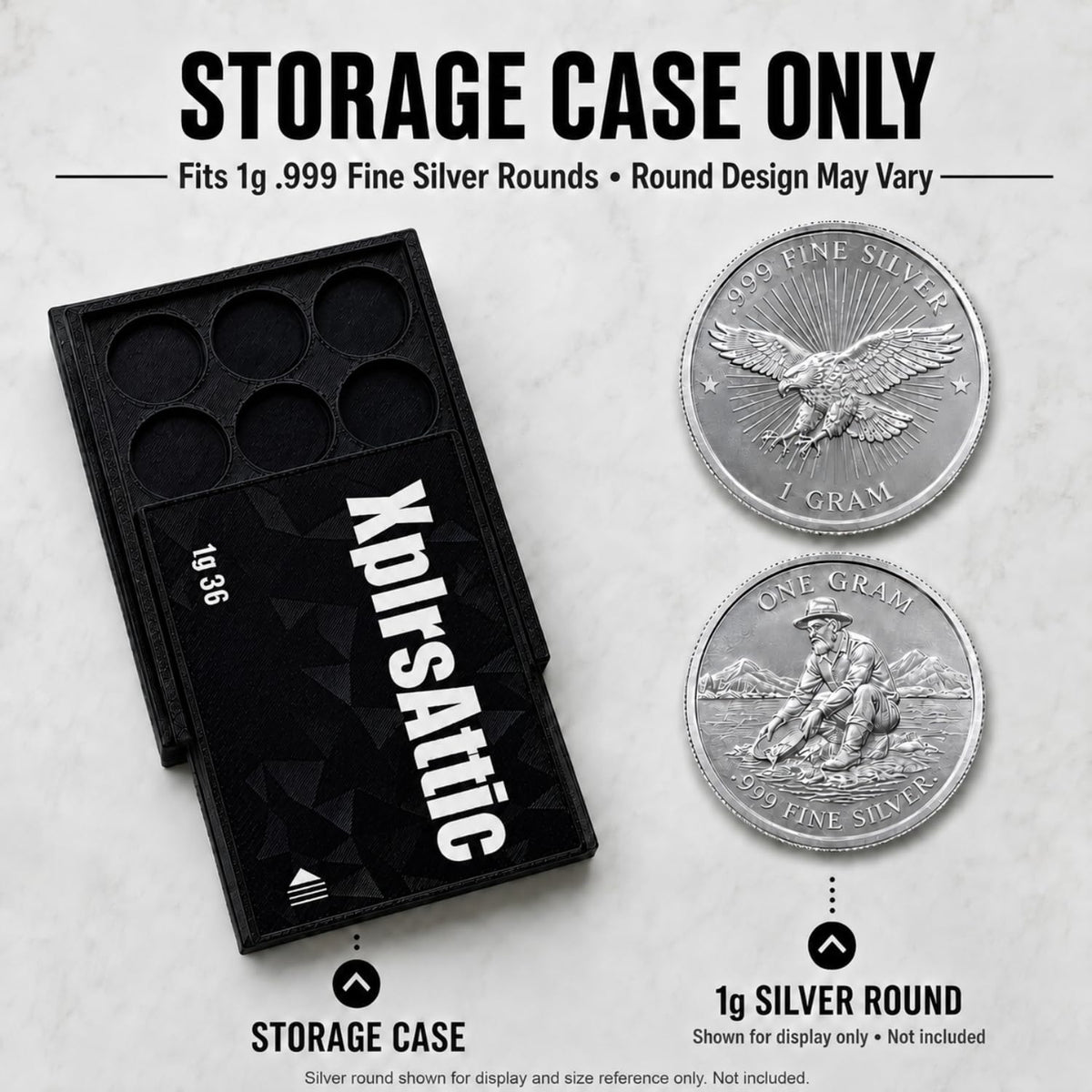 XplrsAttic 1 Gram Round Storage Case - 36-Slot Holder for Gold, Silver & Platinum Bullion Rounds, 15mm Precision Slots with Sliding Cover