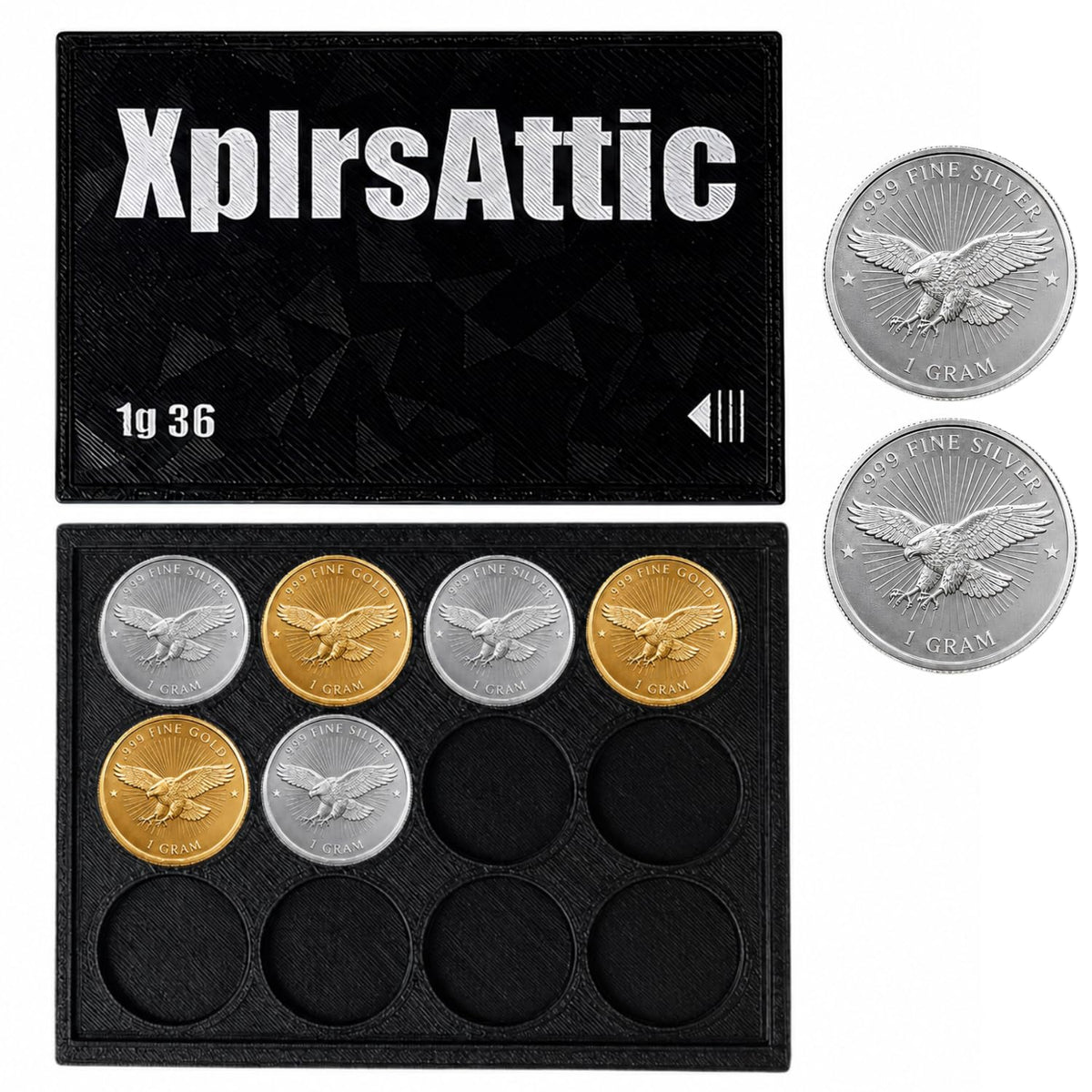 XplrsAttic 1 Gram Round Storage Case - 36-Slot Holder for Gold, Silver & Platinum Bullion Rounds, 15mm Precision Slots with Sliding Cover