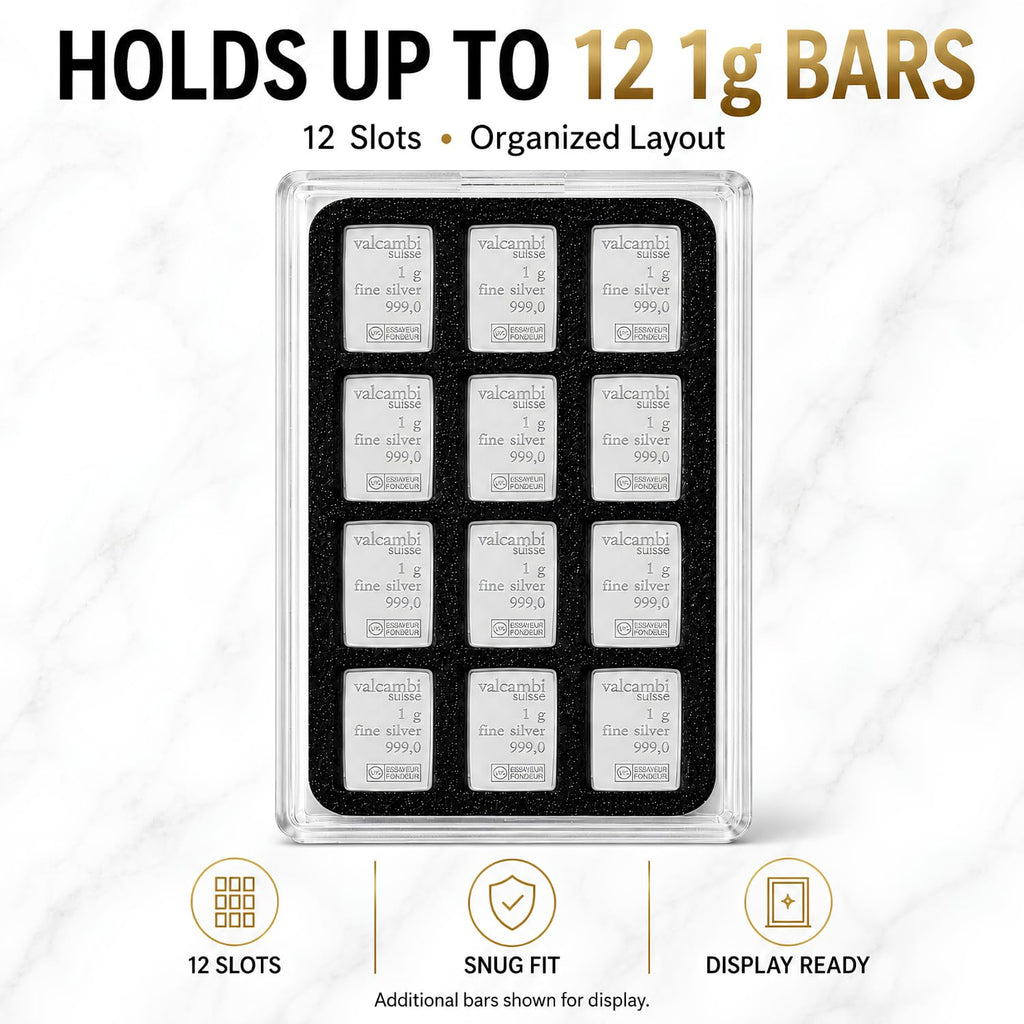 XplrsAttic 1 Gram Silver Bar Display Case - 12-Slot Bullion Holder for Valcambi-Style CombiBars, Fractional Gold Silver Platinum Stacker Organizer for Desk, Safe & Collector Storage