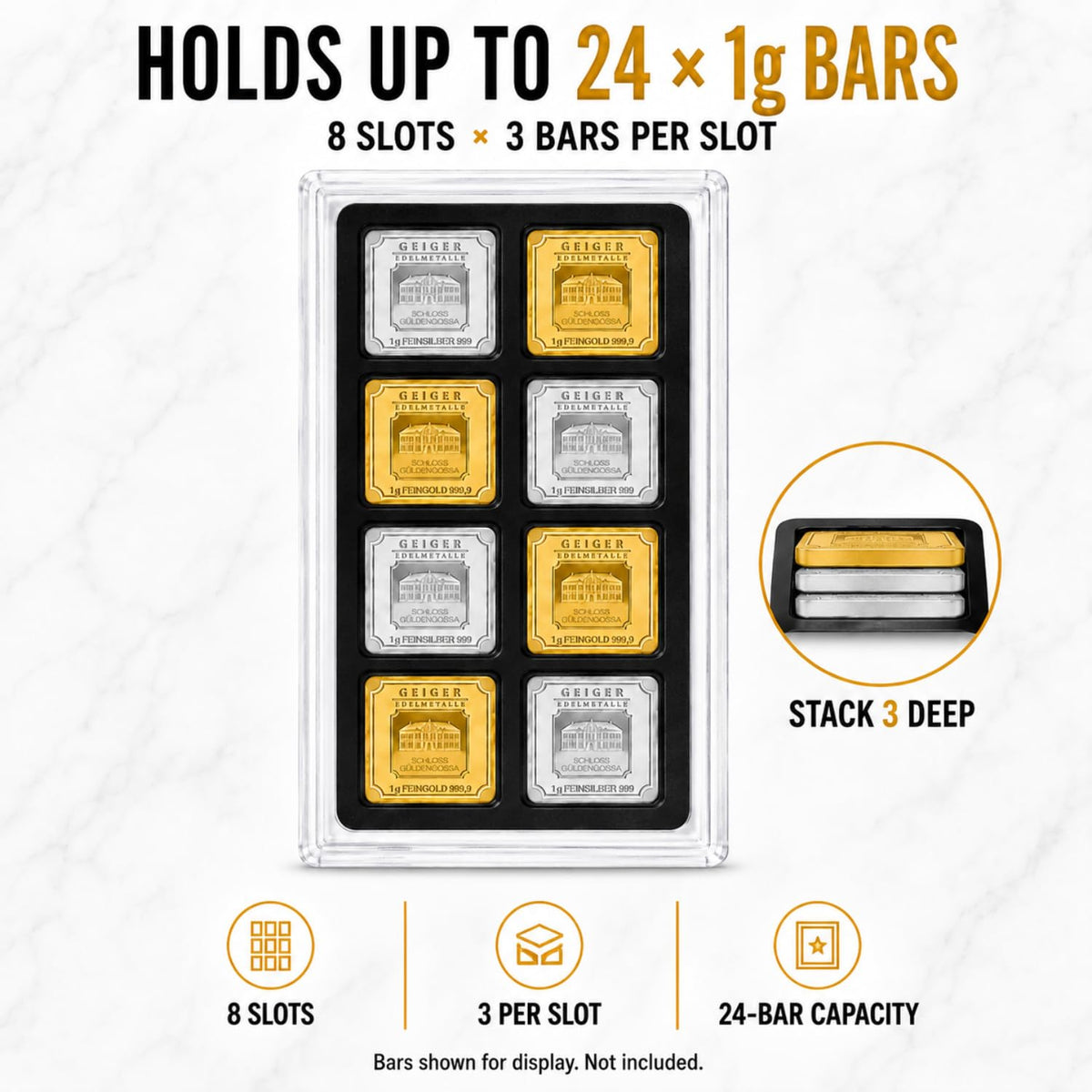 XplrsAttic 1 Gram Square Bar Display Case, Holds 24 Geiger Style Gold Silver Bars, 8 Deep Slots Stack 3 Per Slot, Clear Stackable Coin Collection Holder, Case Only