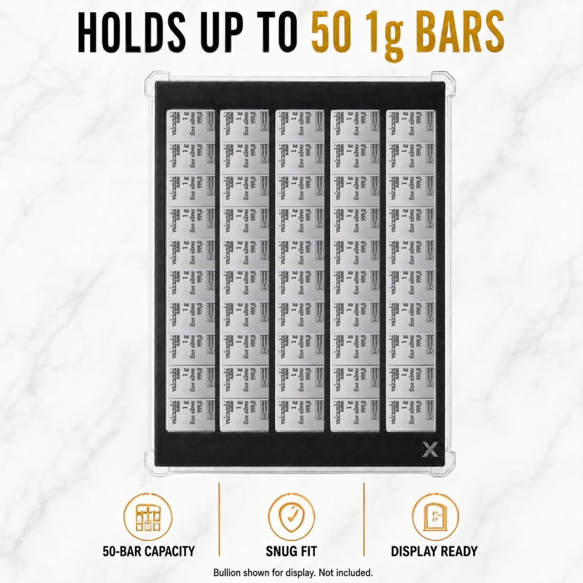 XplrsAttic 50 Slot Bullion Bar Display Case, 1 Gram Gold Silver Valcambi Style CombiBar Holder, 5 Storage Channels, Clear Magnetic Case, Bars Not Included