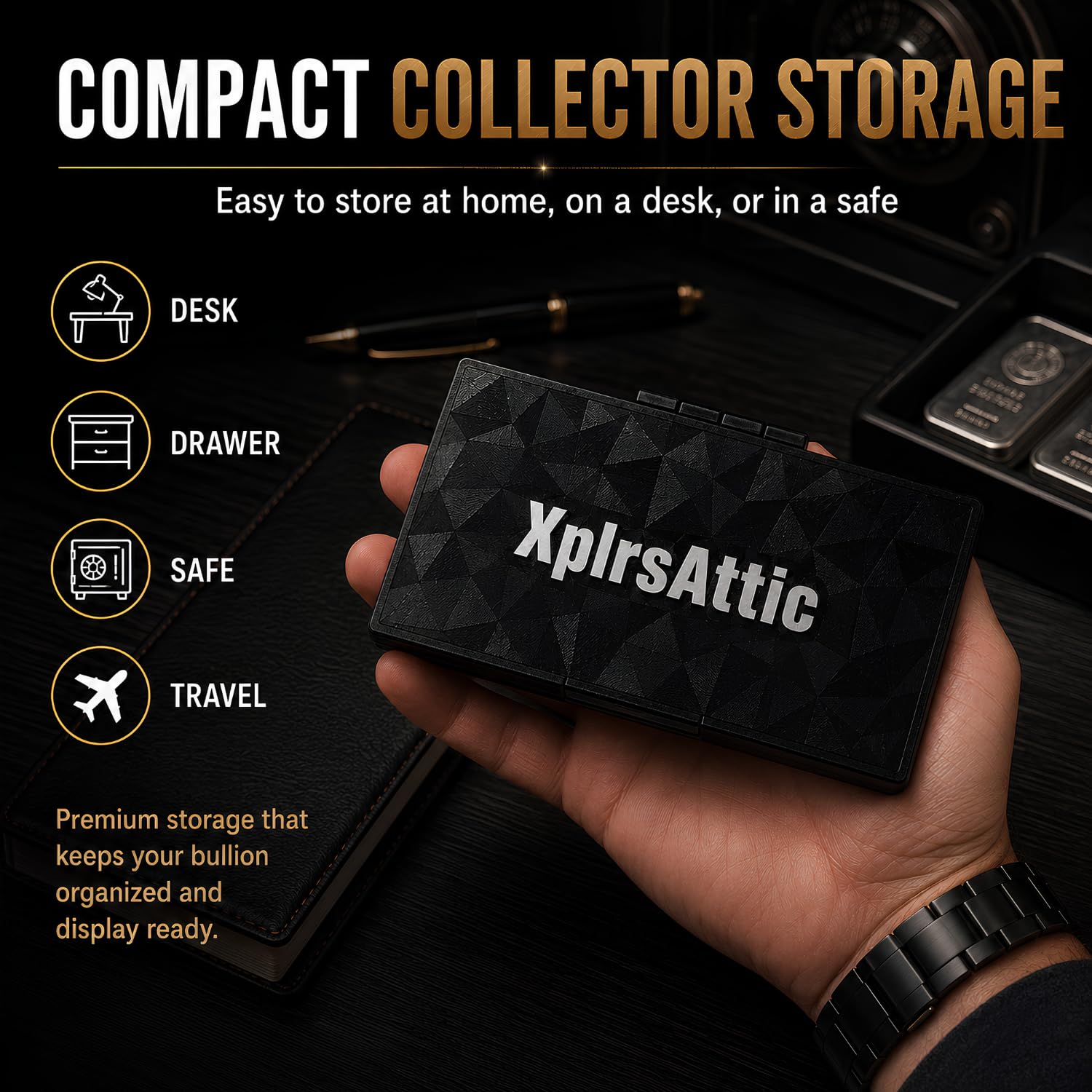 XplrsAttic Multi Size Bullion Bar Storage Case - 8 Slot Geiger Style Bar Organizer for 1oz, 20g, 10g, 5g & 1g Gold & Silver Bars, Hinged Case with Magnetic Closure, Case Only