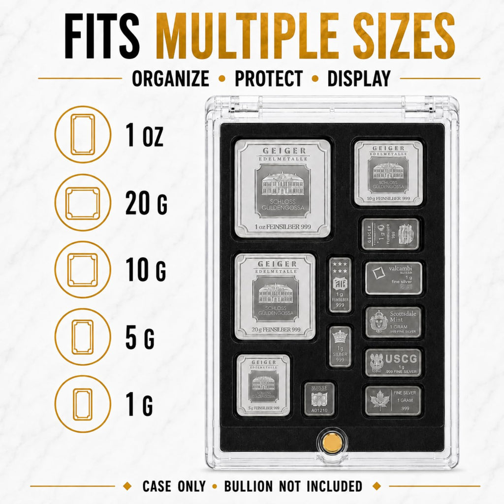 XplrsAttic Multi Size Bullion Bar Display Case, 12 Slots Fit 1oz, 20g, 10g, 5g, 1g Gold Silver Bars, Geiger Valcambi Scottsdale Style Mixed Collection, Coin Collecting Supplies, Case Only