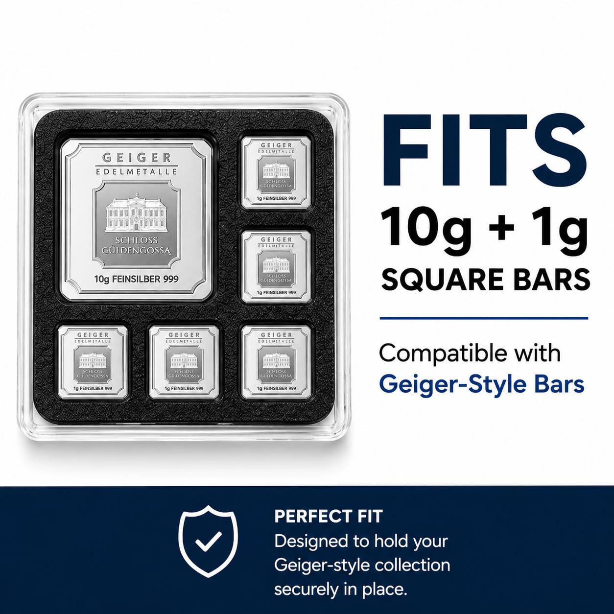 Geiger-Style Bullion Bar Display Case for 10g & 1g Square Bars, Fractional Gold Silver Platinum Storage Organizer, Holds 1x 10g + 5X 1g, Case Only