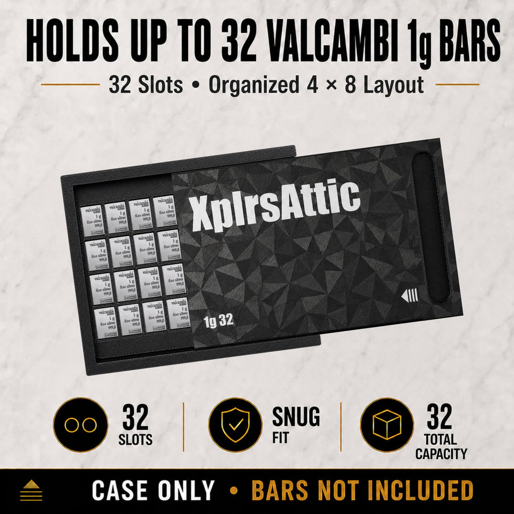 XplrsAttic 32 Slot Bullion Bar Storage Wallet,1 Gram Gold Silver Valcambi Style CombiBar Holder, Slim Magnetic Sliding Case, 4x8 Organizer, Coin Case, Bars Not Included