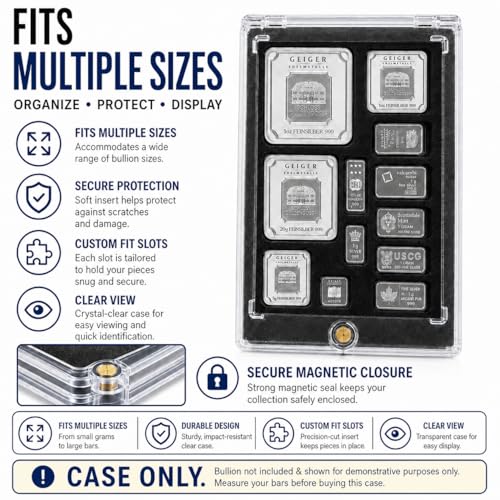 Small Bullion Storage Display Case for 1oz, 20g, 10g, 5g, 1g Gold, Silver, Platinum Bars, Magnetic Closure