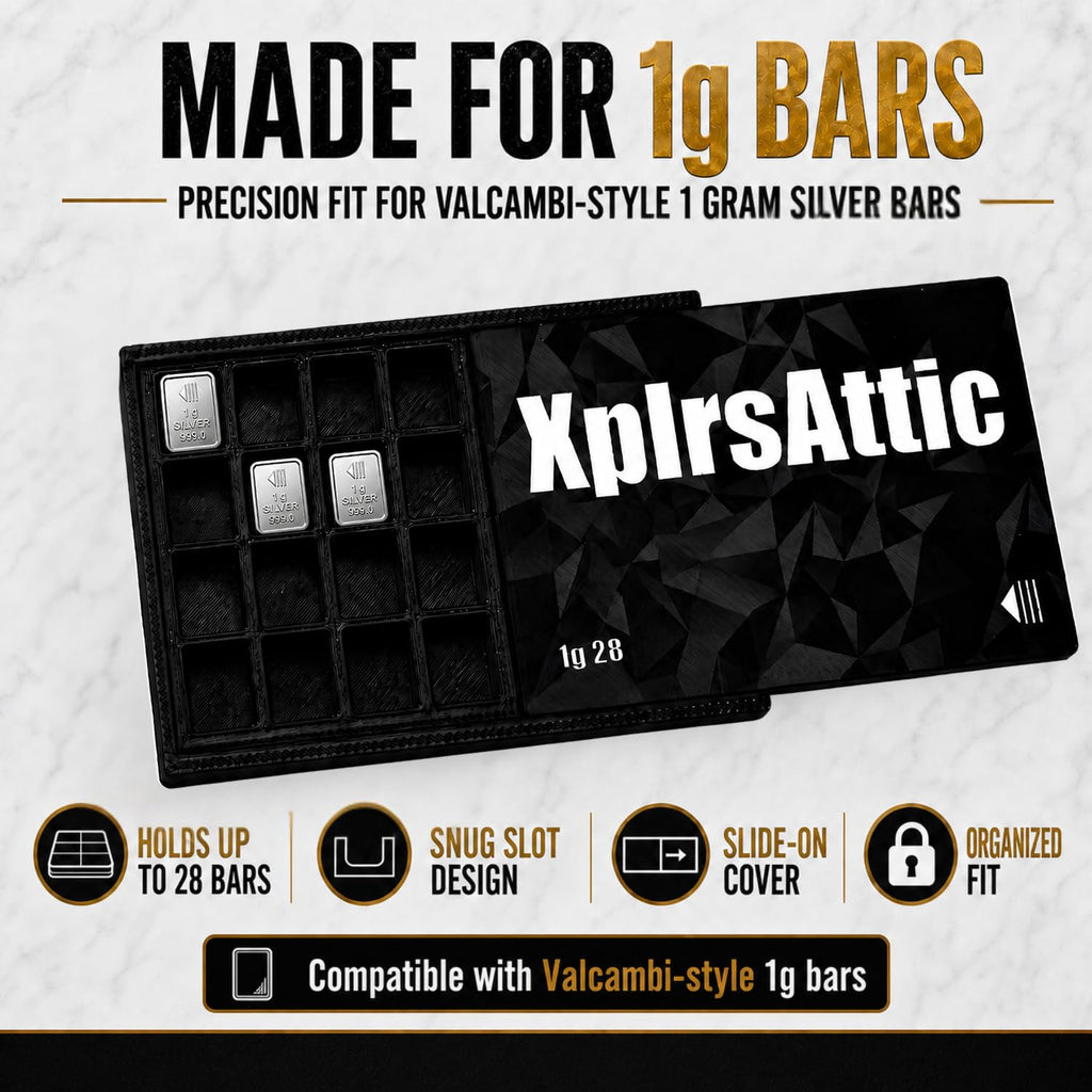 XplrsAttic 1 Gram Bullion Bar Holder Case - 28-Slot Valcambi-Style CombiBar Storage Wallet for Gold Silver Platinum Bars, Stacker Organizer