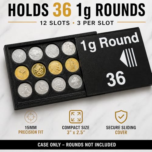 Bullion Storage Case for 1g Rounds - Holds 36 Gold Silver Platinum Rounds - 15 mm Precision Holder with Sliding Cover - Compact Organizer (Case Only, Bars Not Included)