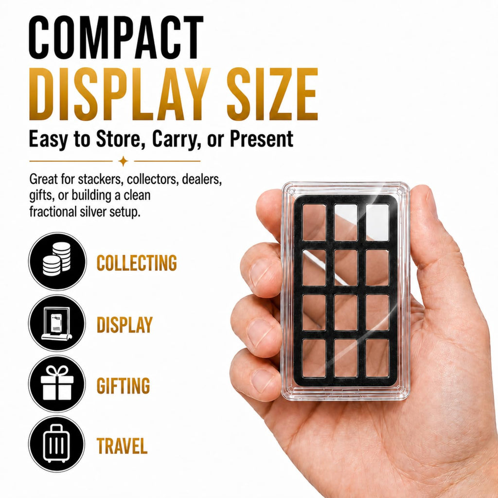 XplrsAttic 1 Gram Silver Bar Display Case - 12-Slot Bullion Holder for Valcambi-Style CombiBars, Fractional Gold Silver Platinum Stacker Organizer for Desk, Safe & Collector Storage