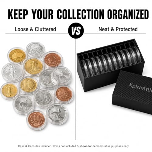 Coin Capsule Storage Box with 12 Capsules – Holds 1 oz Silver Rounds, Morgan Dollars & Peace Dollars up to 40 mm – Bullion & Coin Organizer Case