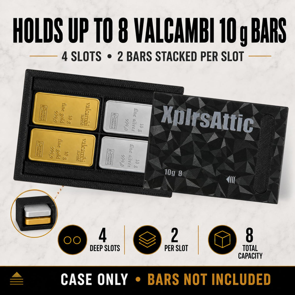 XplrsAttic 10 Gram Bullion Bar Storage Case, Holds 8 Gold Silver Valcambi Bars, 4 Deep Slots Stack 2 Per Slot, Slim Magnetic Sliding Wallet, Coin Case, Bars Not Included