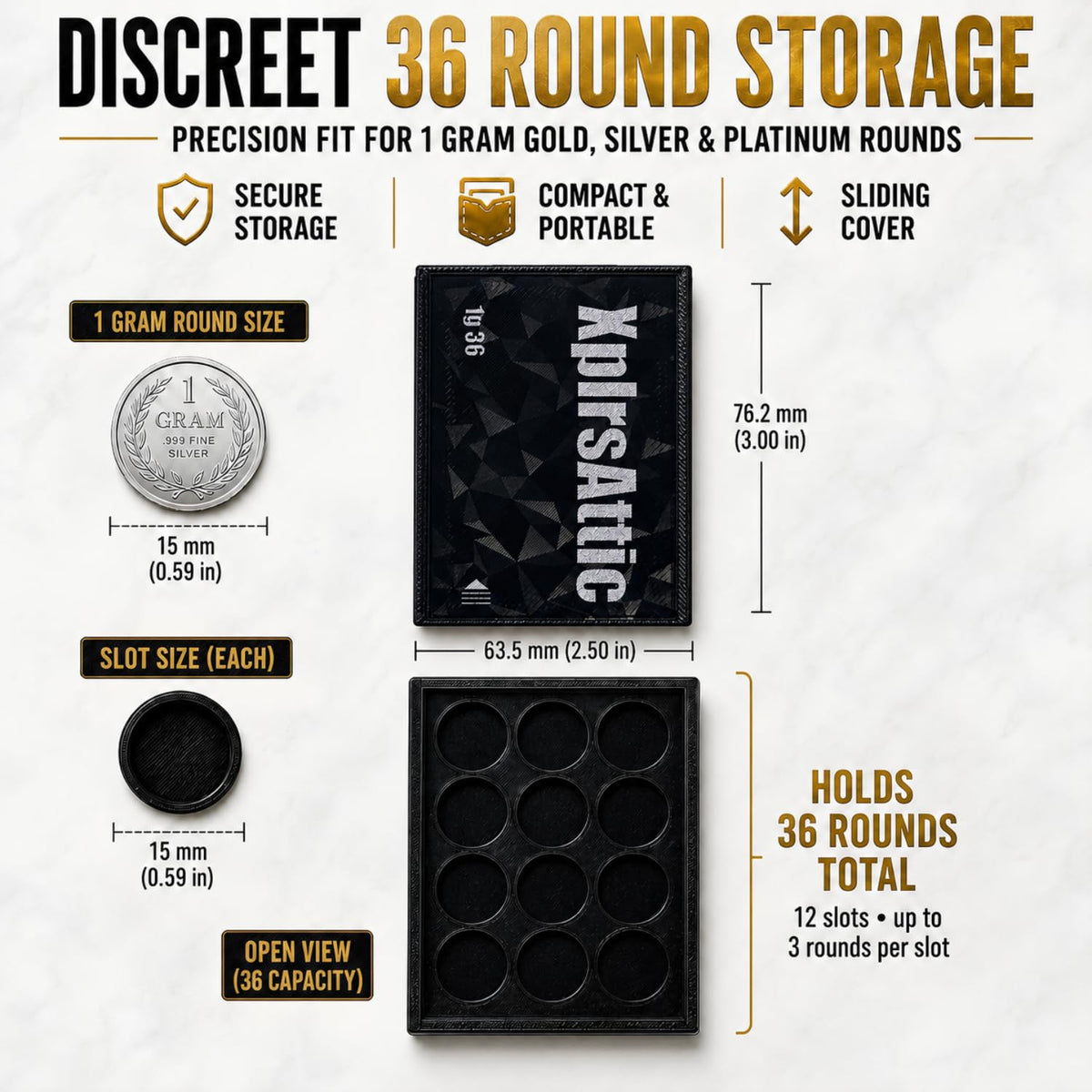 XplrsAttic 1 Gram Round Storage Case - 36-Slot Holder for Gold, Silver & Platinum Bullion Rounds, 15mm Precision Slots with Sliding Cover