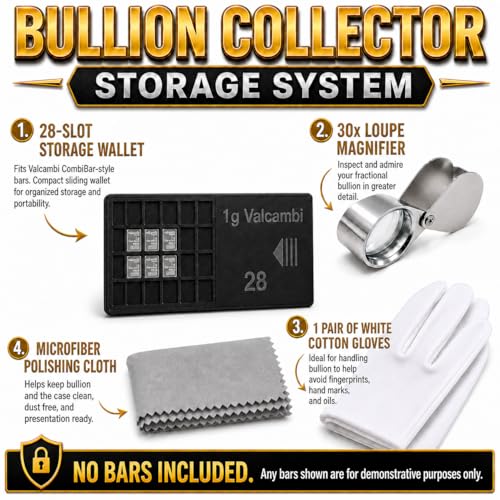 Bullion Collector Storage System – 28-Slot CombiBar Storage Wallet for 1g Gold, Silver, Platinum Bars with 30x Loupe Magnifier, White Cotton Gloves & Microfiber Cleaning Cloth, Case Only