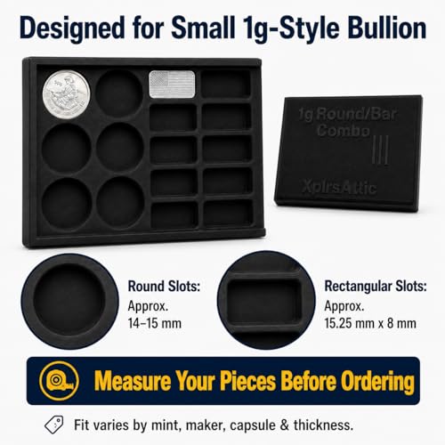 1 Gram Bullion Storage Wallet, Sliding Fractional Bullion Organizer Case Holds Up to 22 Small Gold Silver Copper Platinum Rounds and Bars, 6 Round Slots + 10 Bar Slots, Case Only