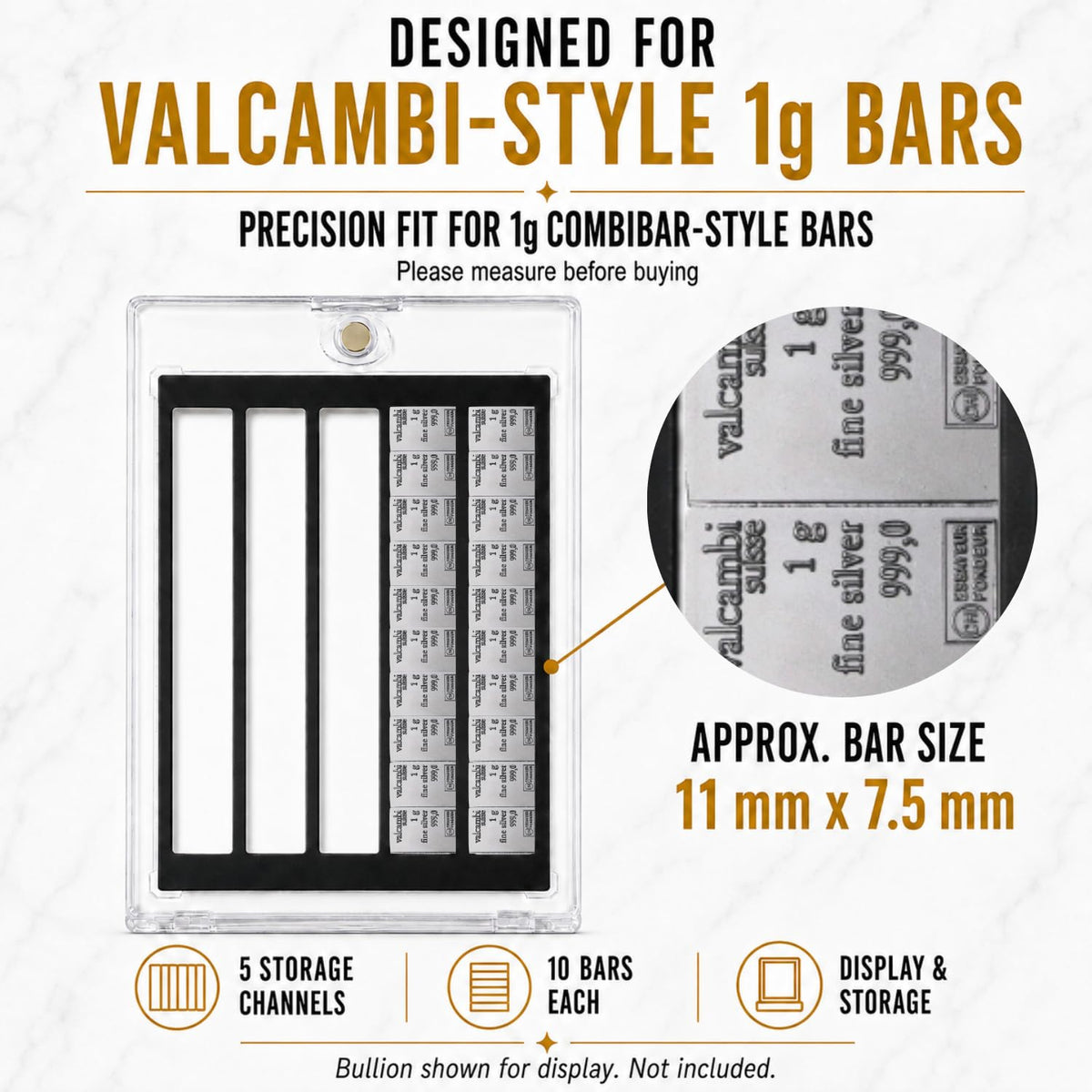 XplrsAttic 50 Slot Bullion Bar Display Case, 1 Gram Gold Silver Valcambi Style CombiBar Holder, 5 Storage Channels, Clear Magnetic Case, Bars Not Included