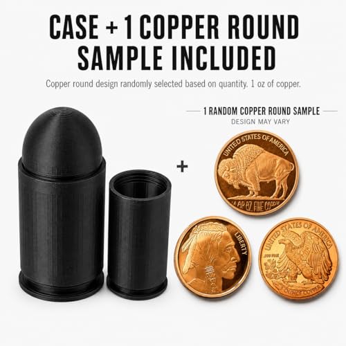 Bullet-Style Screw-On Bullion Coin Storage Case, Holds Up to 22 Loose 1 oz Silver, Copper & Gold Rounds up to 40mm, Black Plastic Coin Tube Holder with 1 Random 1 oz Copper Round Sample Included