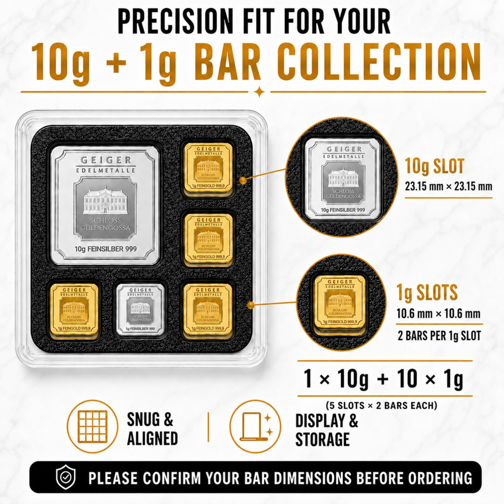XplrsAttic 10g & 1g Square Bar Display Case, Geiger Style Gold Silver Bullion Capsule Holder, Fits 1x 10 Gram + Up to 10x 1 Gram, Coin Holder Case, Bars Not Included