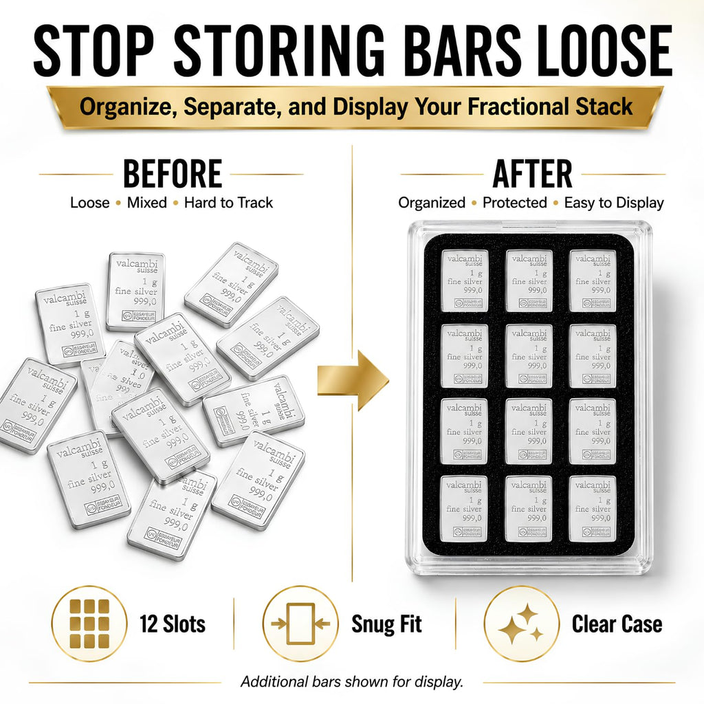 XplrsAttic 1 Gram Silver Bar Display Case - 12-Slot Bullion Holder for Valcambi-Style CombiBars, Fractional Gold Silver Platinum Stacker Organizer for Desk, Safe & Collector Storage