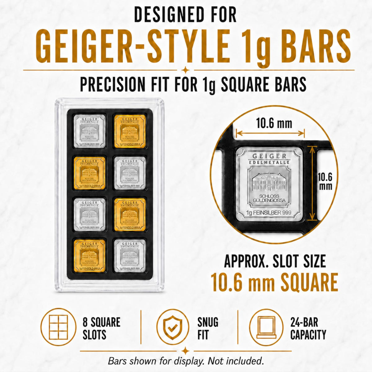 XplrsAttic 1 Gram Square Bar Display Case, Holds 24 Geiger Style Gold Silver Bars, 8 Deep Slots Stack 3 Per Slot, Clear Stackable Coin Collection Holder, Case Only