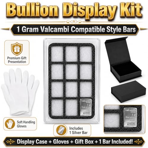 Display Case for 1 Gram Valcambi-Style CombiBars Gold Silver Platinum Bars with Cotton Handling Gloves – 12-Slot Collector Holder for Desk, Office, Gift Display (Includes 1 Bar)