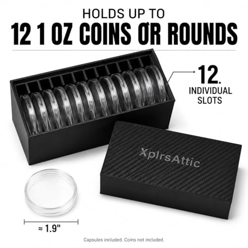 Coin Capsule Storage Box with 12 Capsules – Holds 1 oz Silver Rounds, Morgan Dollars & Peace Dollars up to 40 mm – Bullion & Coin Organizer Case