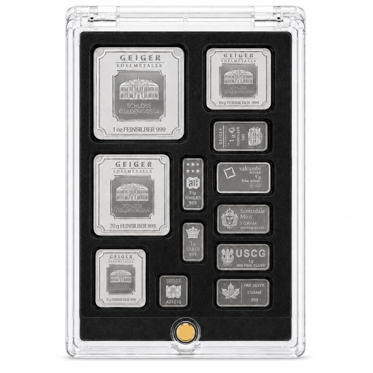 XplrsAttic Multi Size Bullion Bar Display Case, 12 Slots Fit 1oz, 20g, 10g, 5g, 1g Gold Silver Bars, Geiger Valcambi Scottsdale Style Mixed Collection, Coin Collecting Supplies, Case Only