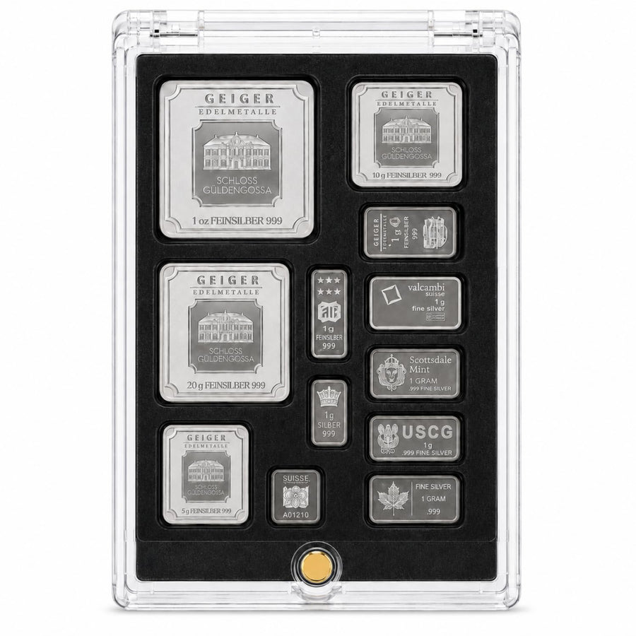 XplrsAttic Multi Size Bullion Bar Display Case, 12 Slots Fit 1oz, 20g, 10g, 5g, 1g Gold Silver Bars, Geiger Valcambi Scottsdale Style Mixed Collection, Coin Collecting Supplies, Case Only