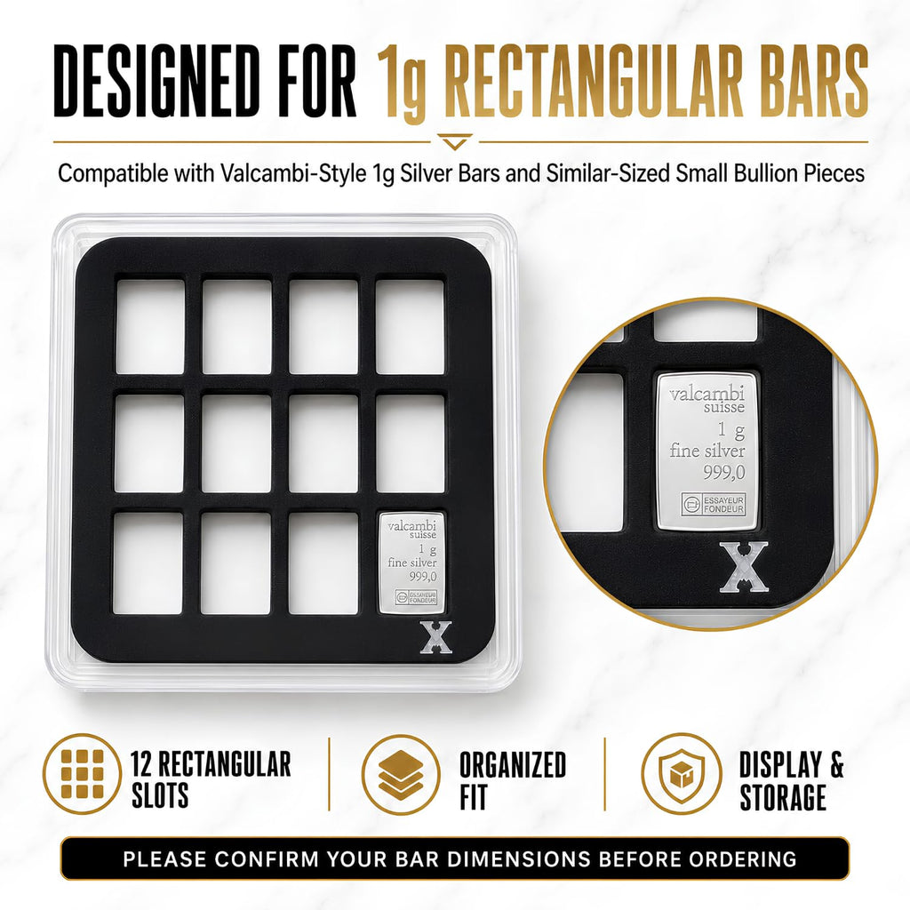 XplrsAttic 1 Gram Silver Bar Display Case 12-Slot Bullion Holder for Valcambi Style CombiBars, Fractional Gold Silver Platinum Stacker Organizer, Wide Format Clear Display Case, Case Only