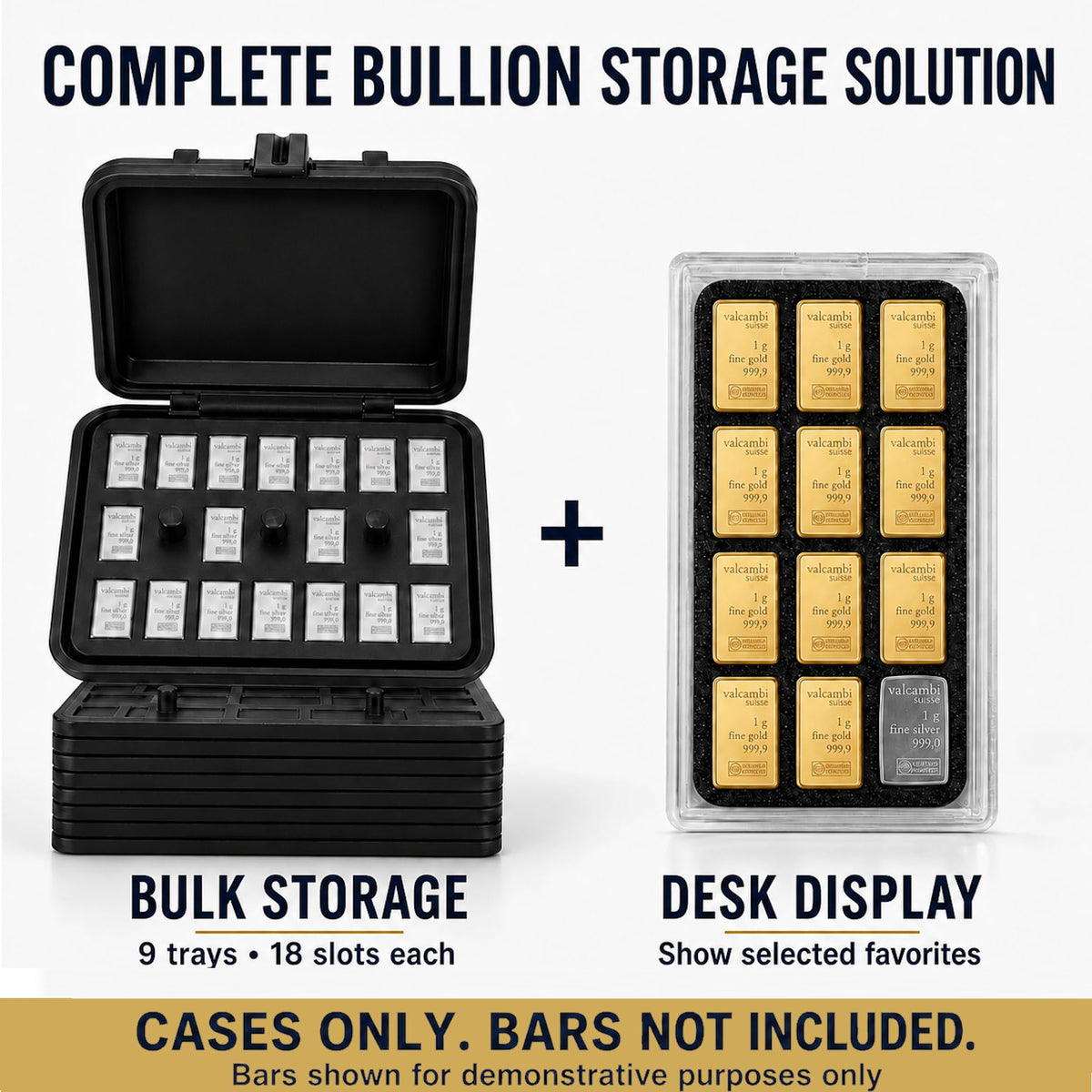 1 Gram Bullion Storage Case Set for CombiBar-Style Bars – Holds 174 Gold Silver Platinum Bars, 12-Slot Display Holder + 162-Slot Organizer, Case Only