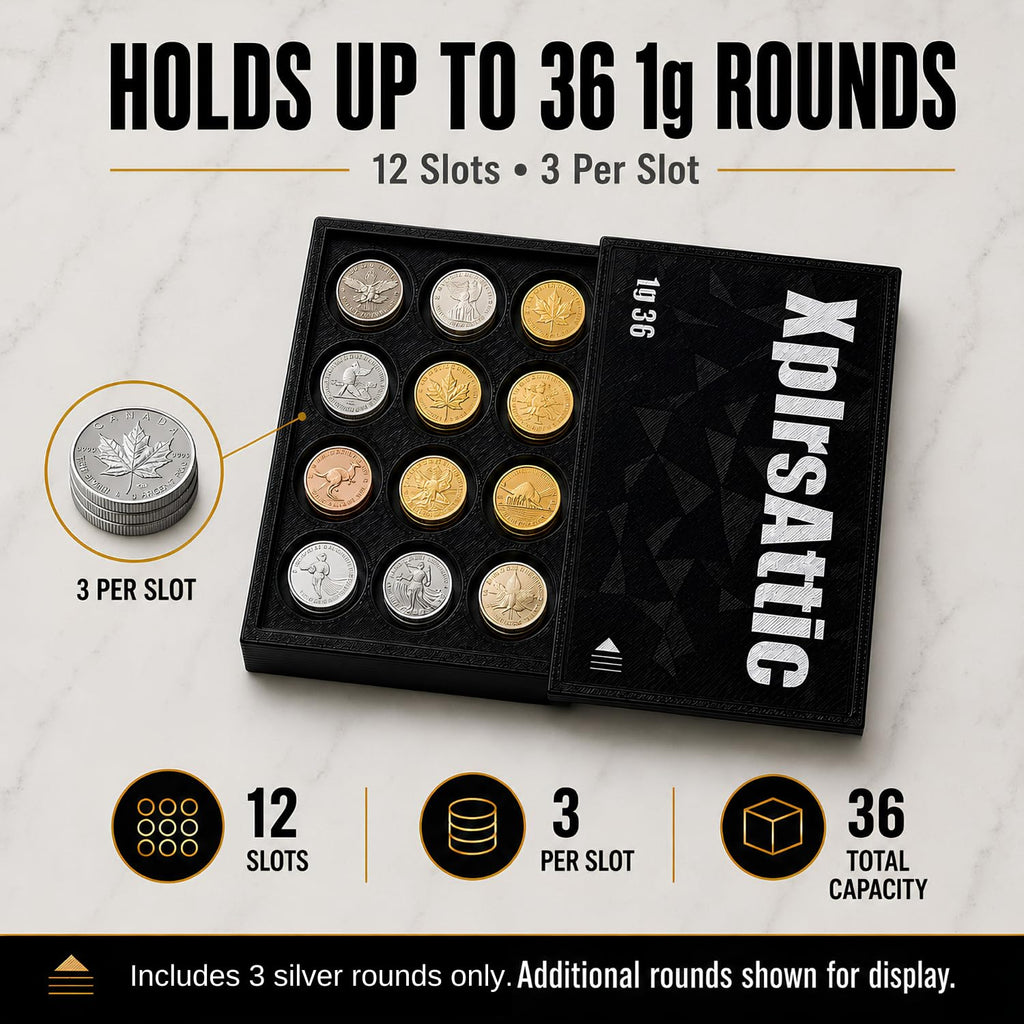 XplrsAttic 1 Gram Round Storage Case - 36-Slot Holder for Gold, Silver & Platinum Bullion Rounds, 15mm Precision Slots with Sliding Cover