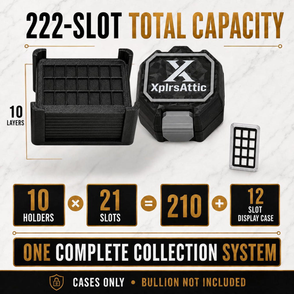 XplrsAttic 222 Slot Valcambi Style CombiBar Storage Bundle 210-Slot Bulk Storage Case + 12 Slot Clear Display Case, Complete Gold & Silver Bar Display & Storage System, Cases Only