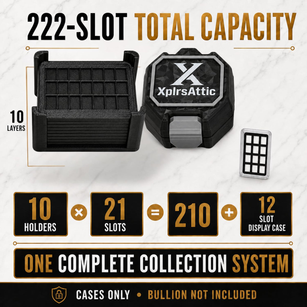 XplrsAttic 222 Slot Valcambi Style CombiBar Storage Bundle 210-Slot Bulk Storage Case + 12 Slot Clear Display Case, Complete Gold & Silver Bar Display & Storage System, Cases Only