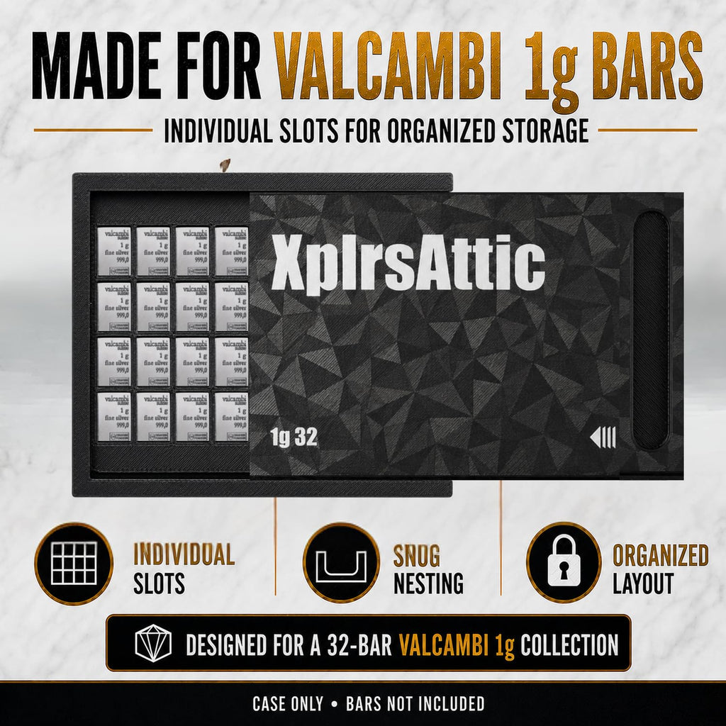 XplrsAttic 32 Slot Bullion Bar Storage Wallet,1 Gram Gold Silver Valcambi Style CombiBar Holder, Slim Magnetic Sliding Case, 4x8 Organizer, Coin Case, Bars Not Included